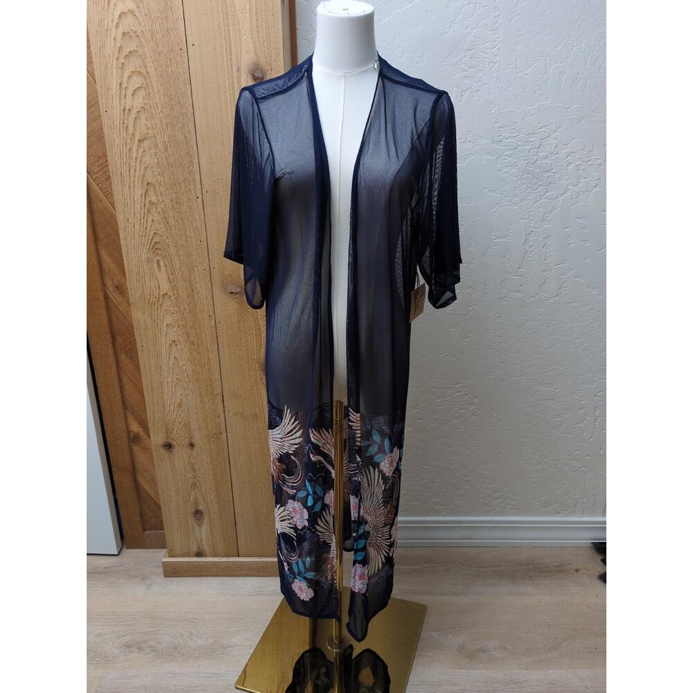 Haute Project Women’s Cover Up Maxi Blue Mesh Japanese Cranes Short Sleeve Small